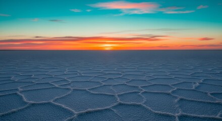 Stunning Sunset Over Salt Flats Landscape Scenic View Aerial Photography Travel Destination Nature Beauty Horizon Sky Reflection
