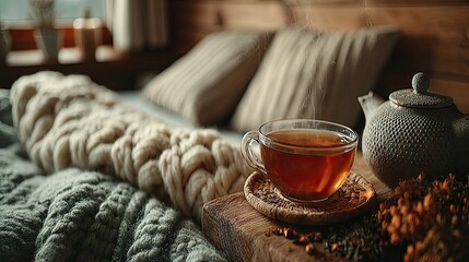 Warm Amber Tea in Cozy Bedroom Setting