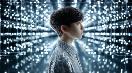 A Chinese teenager stands in the digital space, his digital form stands back to back with him, creating a technological atmosphere