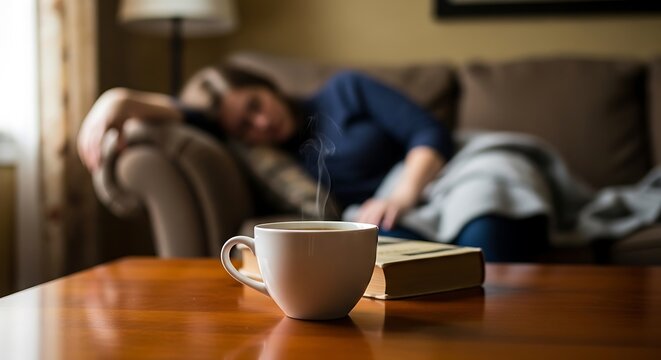 Woman resting with coffee and book on the couch after a long day of work and relaxation time for lazy day - Powered by Adobe