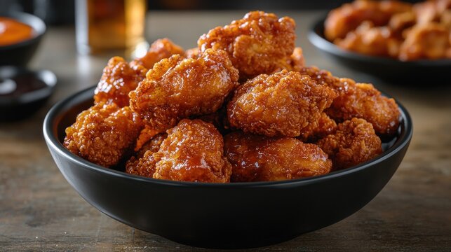 Crispy chicken bites in bowl, beer and sauce, pub setting, food photography