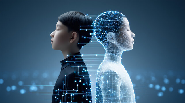 A Chinese teenager stands in the digital space, his digital form stands back to back with him, creating a technological atmosphere