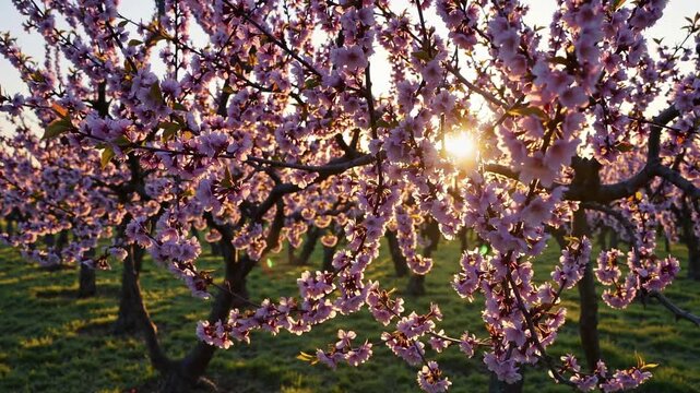 Blooming almond trees fill the orchard with colors as sunlight breaks through in the early morning