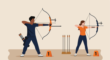 Archery athletes training with bows and arrows, aiming for target practice sessions