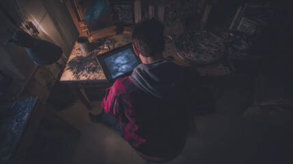 Person at Desk with Tablet and Art Supplies