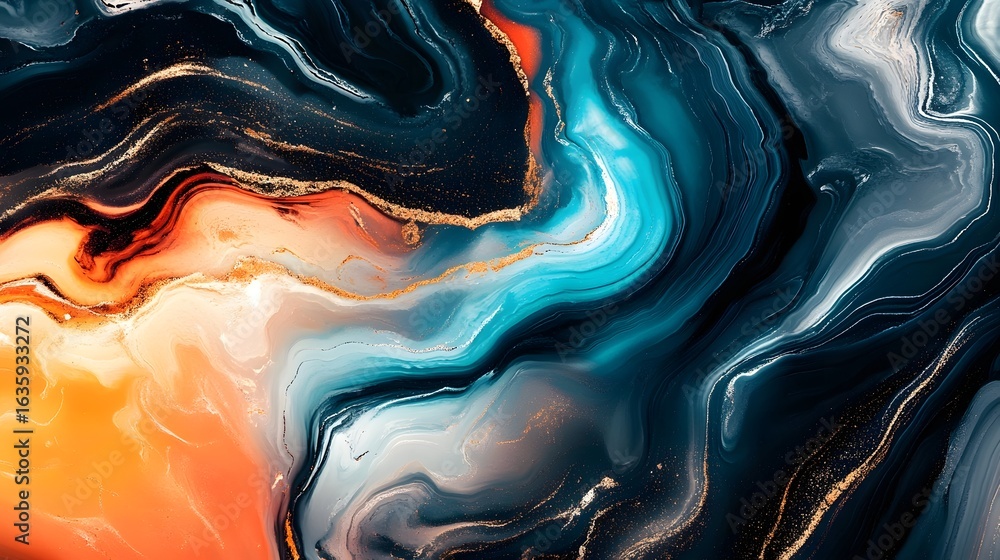 Poster captivating abstract artwork featuring fluid dynamic patterns and swirling waves of vibrant colors t