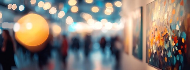 Blurred background of an art exhibition with bokeh lights and colorful works of paintings, sculptures