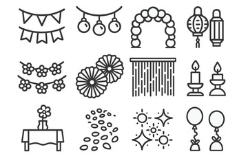 Festival Decoration Icons. Line style icons of festival decorations: bunting flags, decorative lights, balloon arch, garland with