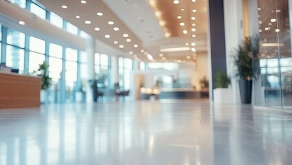Obraz premium Blurred, empty modern office interior with white walls and a concrete floor