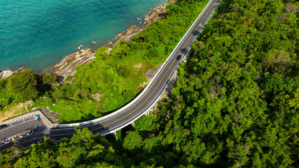 Aerial view of  landscape view from flying drone in Nature as coastline of road way scenic view