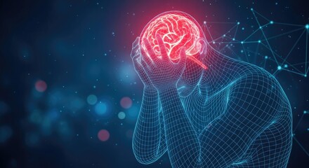 Digital illustration of a person holding their head in pain, highlighting the brain, representing headache, stress, and mental health issues