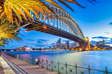Sydney Harbour Bridge Reflected in Water with City Skyline at Night