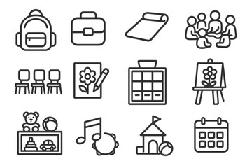 Kinder Icons Collection. Line style icons of daycare and kindergarten: backpack icon, lunchbox, nap mat, group circle time, tiny