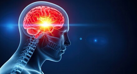 Human brain concept showing the organ in the head with glowing neurons, representing intelligence, thought, consciousness, and neurological functions