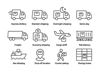 Shipping Method Icons. Line style icons of shipping methods: express delivery icon, standard shipping, overnight shipping,
