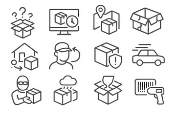 Delivery Challenge Icons. Line style icons of delivery challenges: lost package icon, delayed status, wrong address, package