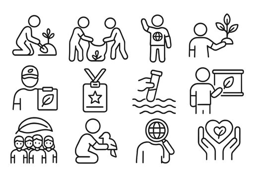 Eco Volunteering Icons. Line style icons of eco volunteering: tree planting icon, community cleanup, green ambassador, nature