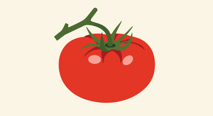 A flat illustration of a ripe, red tomato with green stems and leaf details