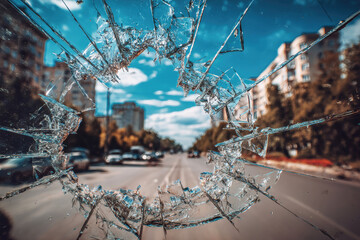 Cracked windshield with a large hole reveals a vibrant urban landscape on a sunny day
