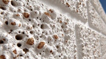 Rough, porous white stone brick wall with embedded brown specks, close-up view