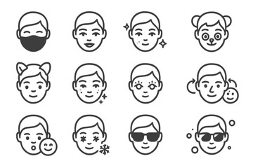 AR Filter Line Icons. Line style icons of AR filters and effects: face mask AR, virtual makeup icon, AR lighting overlay, cartoon