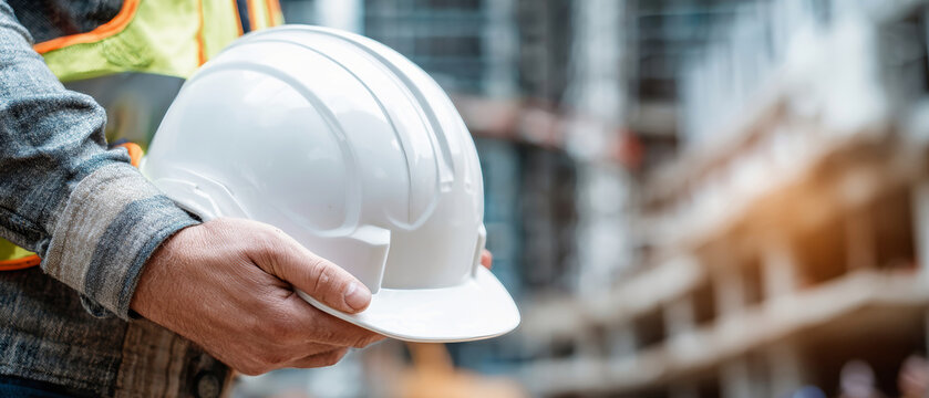 Engineer's hand holds a white hard hat showcasing dedication on a bustling construction site