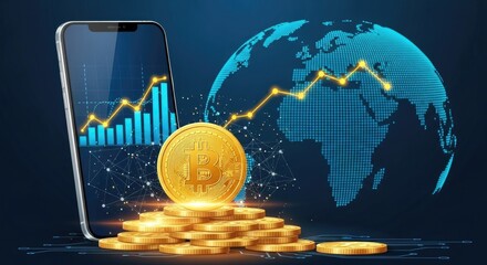 Bitcoin cryptocurrency coins with a smartphone displaying a stock market chart and a digital globe, representing global digital finance and investment
