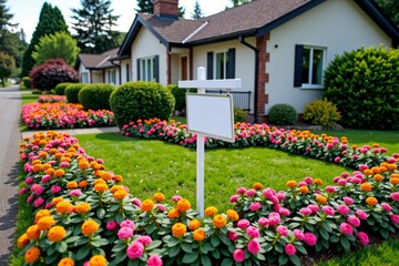 Aerial drone view of a house with a colorful flower garden and a for sale sign in the center