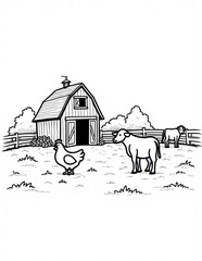 Fototapeta premium Charming farm animals and barnyard scene, ready for children's coloring.