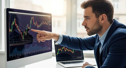 A financial analyst pointing at stock market charts on a computer screen, analyzing trends and making investment decisions in the office