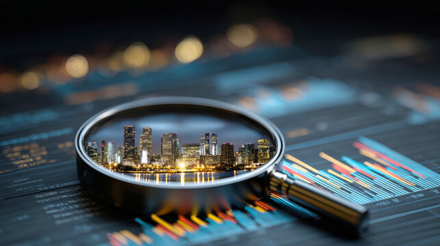 Exploring stock market data through a magnifying glass amidst a vibrant cityscape at night