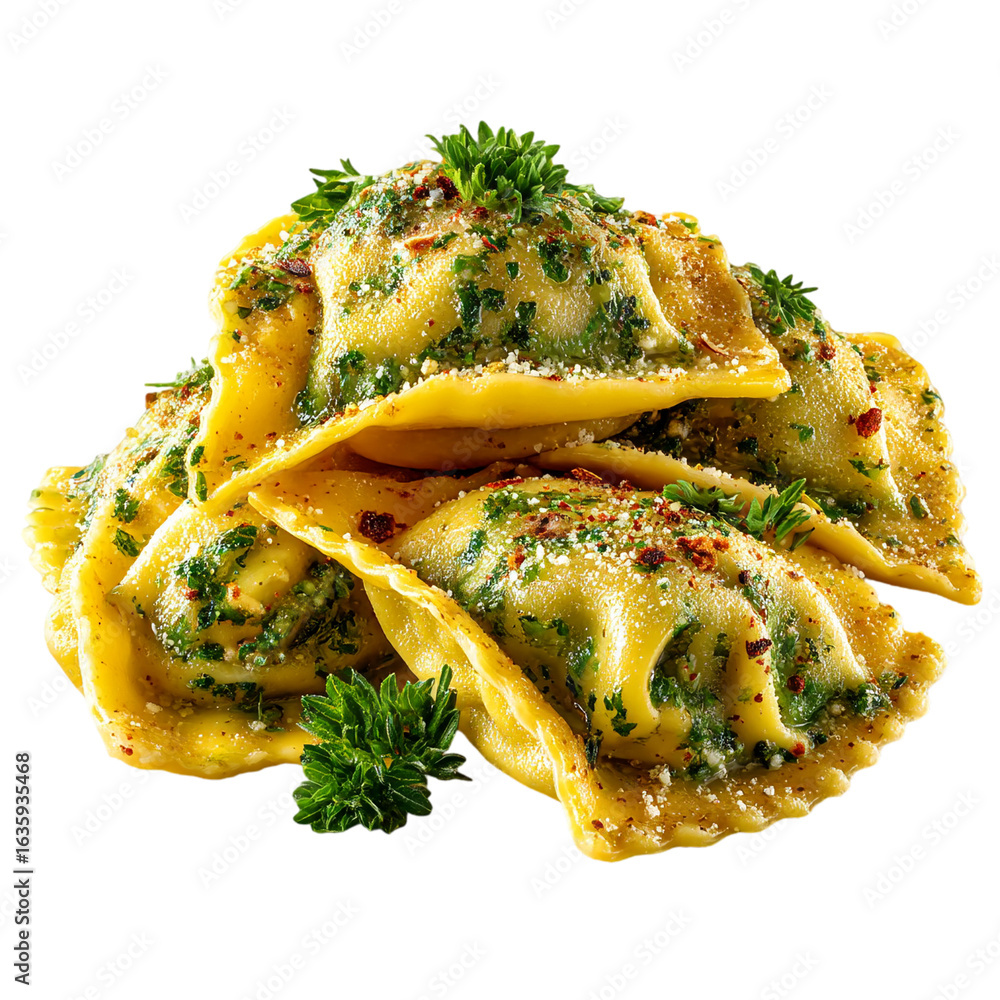 Poster a close up of a stack of ravioli with herbs and cheese on a black background isolated on transparent