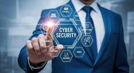 Cyber security and data protection concept with business man touching virtual screen, information technology and internet network for privacy