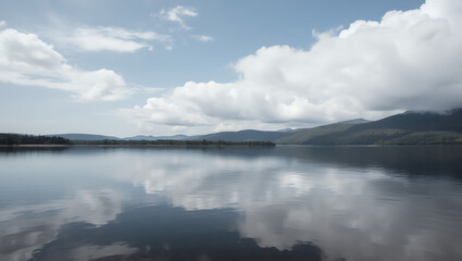 Fototapeta premium Calm Lake Reflecting Sky and Clouds in Serene Landscape
