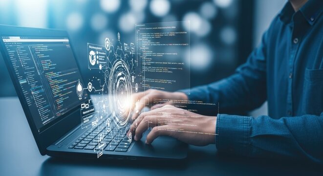 Software developer coding on computer with futuristic interface and data analysis for business innovation and artificial intelligence solution