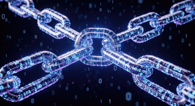 Blockchain technology concept showing a digital chain with blocks and secure network for cryptocurrency and data security in the future