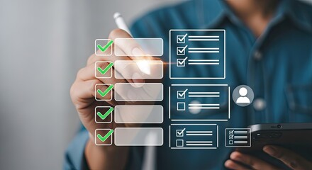 A person using a digital pen to complete a checklist on a virtual interface for business task management and planning
