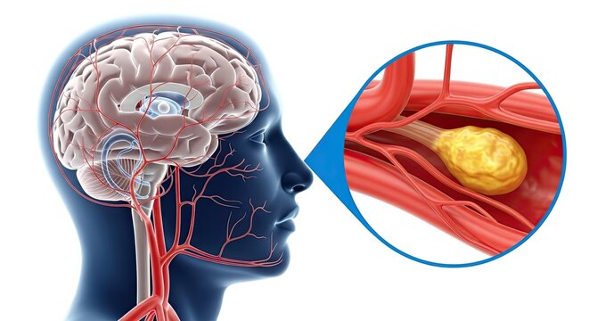 Illustration of a brain stroke caused by a blood clot blocking an artery, isolated on white background