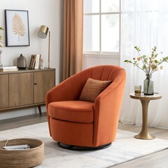 Obraz premium Stylish orange velvet swivel armchair with a textured cushion, placed in a modern living room with a wooden cabinet, a side table, and decorative elements