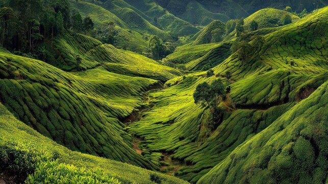 Rolling green hills covered in meticulously planted rows of tea bushes - Powered by Adobe