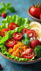 Vibrant summer lunch featuring fresh seasonal produce, including juicy tomatoes, crisp lettuce, and ripe berries A healthy and delicious meal perfect for a warm day , ingredients, salad