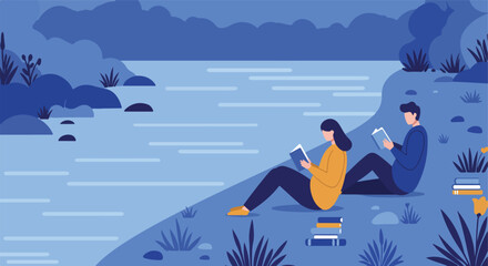 Fototapeta premium Reading by river illustration, people sitting in grass, books, natural scenery, calm
