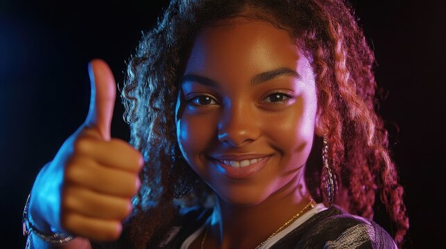 Girl gives thumbs up neon lights. - Powered by Adobe