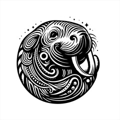 Intricate black and white walrus face design