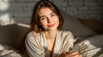 Smiling woman in pajamas holding phone, bathed in warm morning light on bed