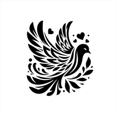 Stylized black dove with hearts and floral elements