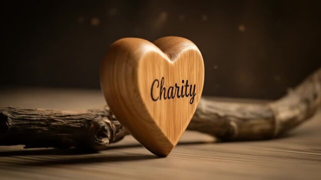Wooden heart with 'Charity' engraving on a rustic branch for International Day of Charity with warm tones.