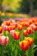 Vibrant tulips in a lush garden bursting with spring's fresh colors; sunny yellows, cheerful oranges, soft pinks, and deep purples create a joyful scene of renewal , growth, joyful, petals