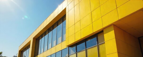 Vibrant yellow corporate building exterior, modern architecture, sleek design, sunny day Perfect for business, finance, success, and growth imagery , facade, yellow building