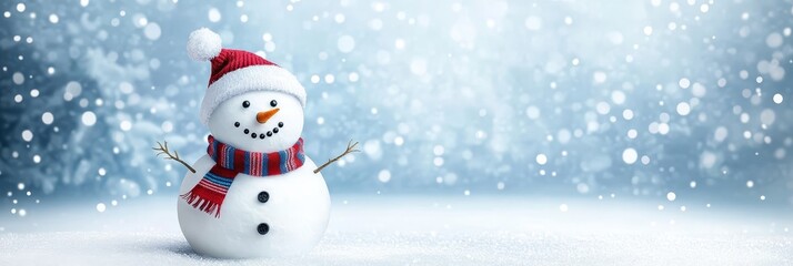 Charming Snowman Surrounded by Snowy Trees and Twinkling Lights in a Winter Wonderland Landscape